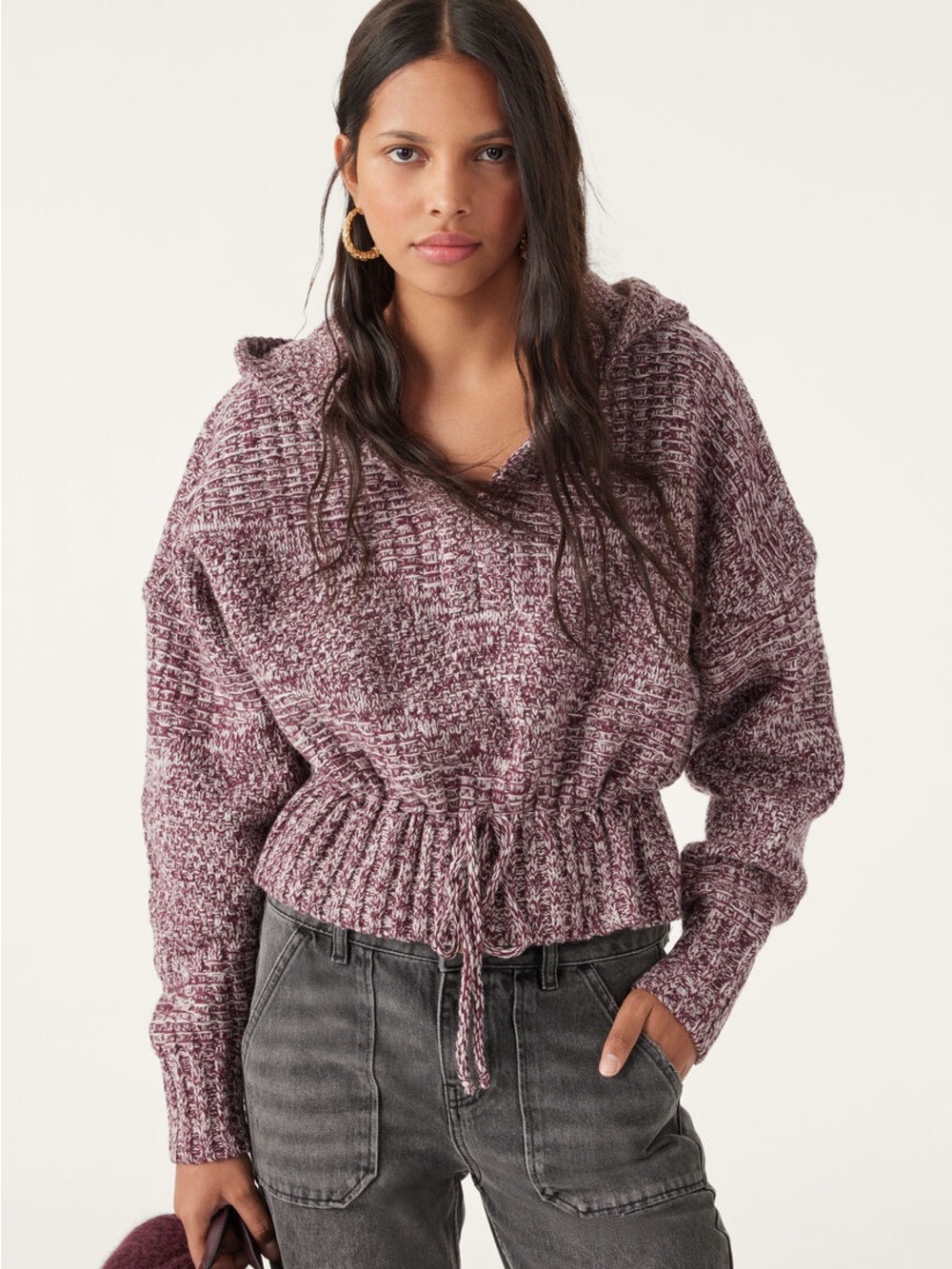 ba&sh Mott Marled V-Neck Hooded Sweater in Bordeaux